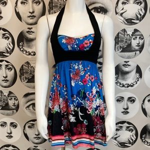 Bebe Vintage Halter Tunic Top w/ Asian-inspired Floral Design, Sz XS